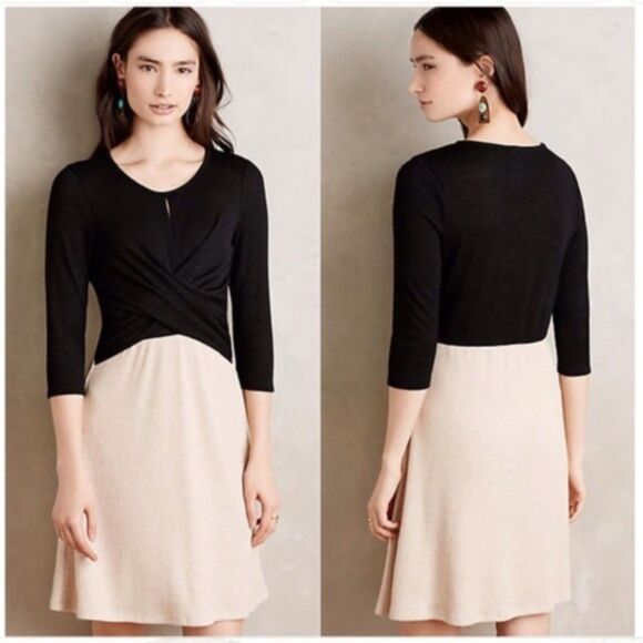 Amadi Anthropologie Cream Black Colorblock Knit Midi Cross Wrap Dress Size L - Picture 1 of 13